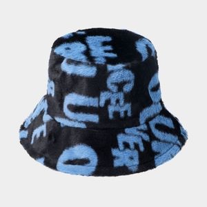 Black Blue Fur Bucket Hat Abstract Print Pattern Style Trendy Fuzzy Cute Letter